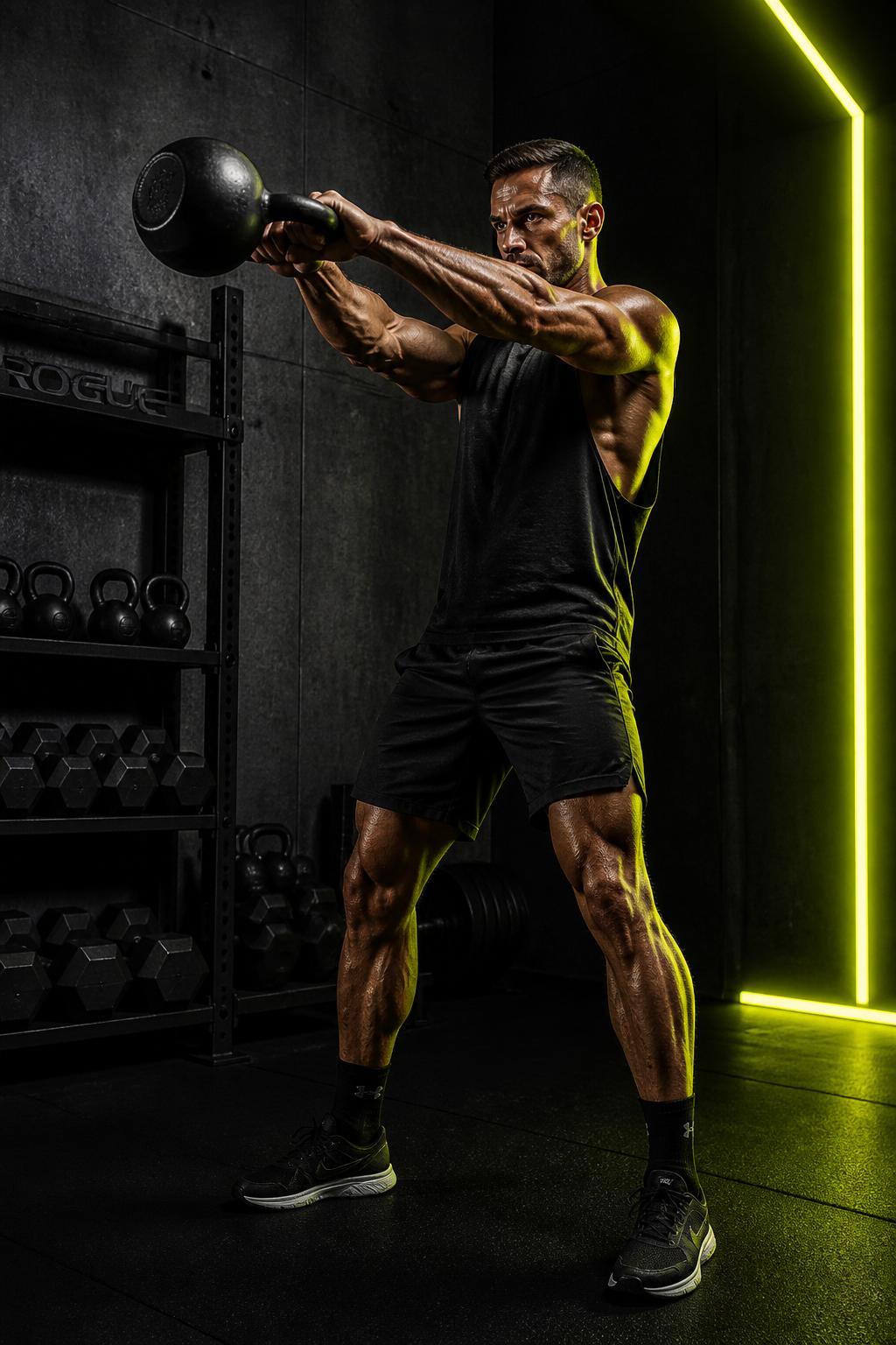Kettlebell swing in een dark home gym